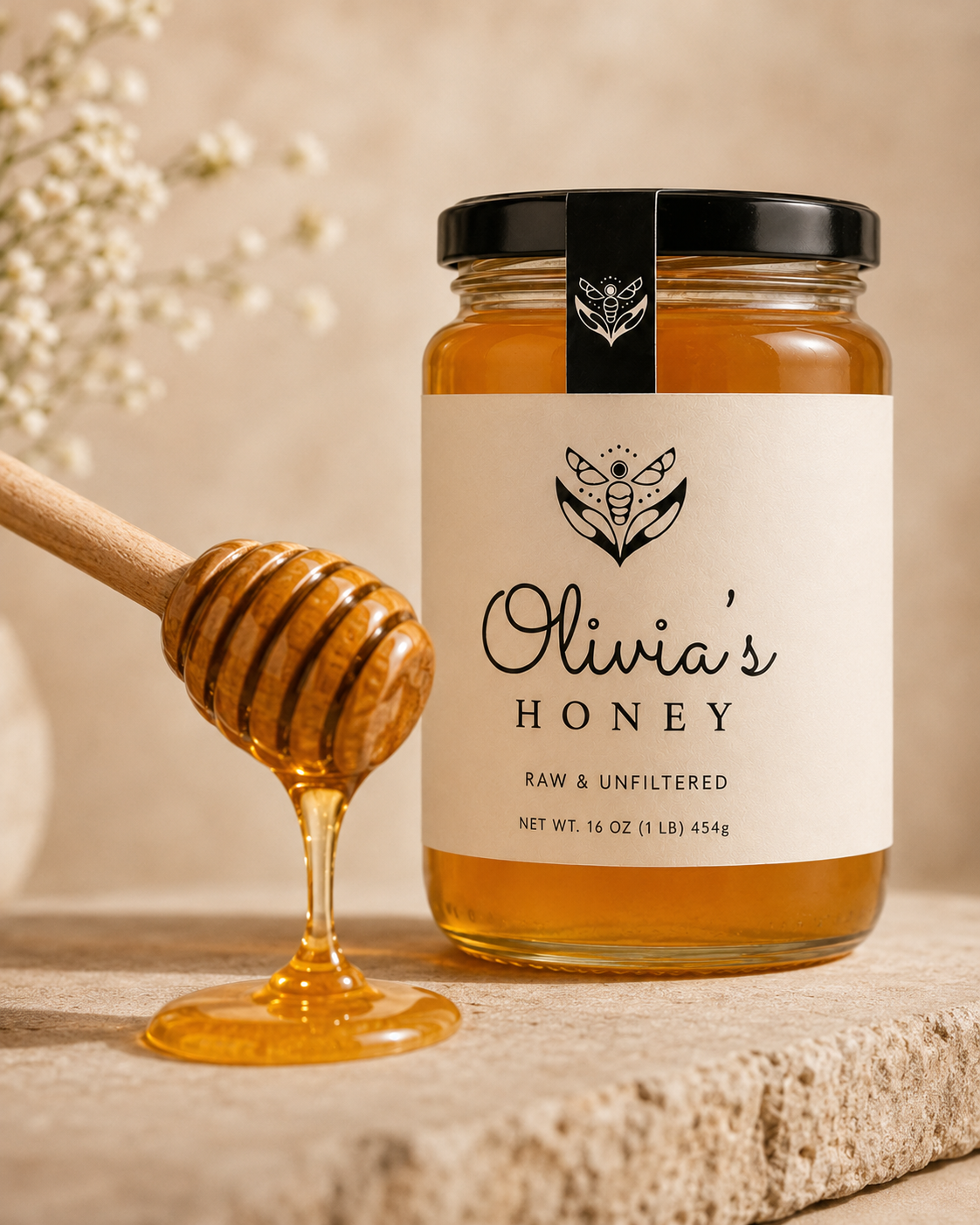 Jar of Olivia's Honey with a honey dipper on a wooden surface.