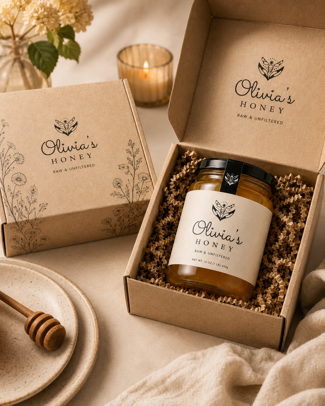 Jar of Olivia's Honey in a box with branded packaging on a neutral background