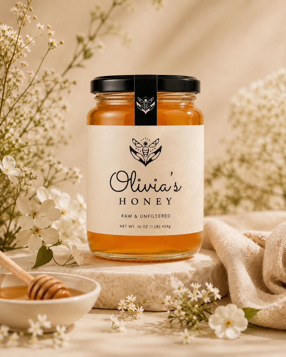 Jar of Olivia's Honey with a label, surrounded by flowers and a bowl of honey on a neutral background.