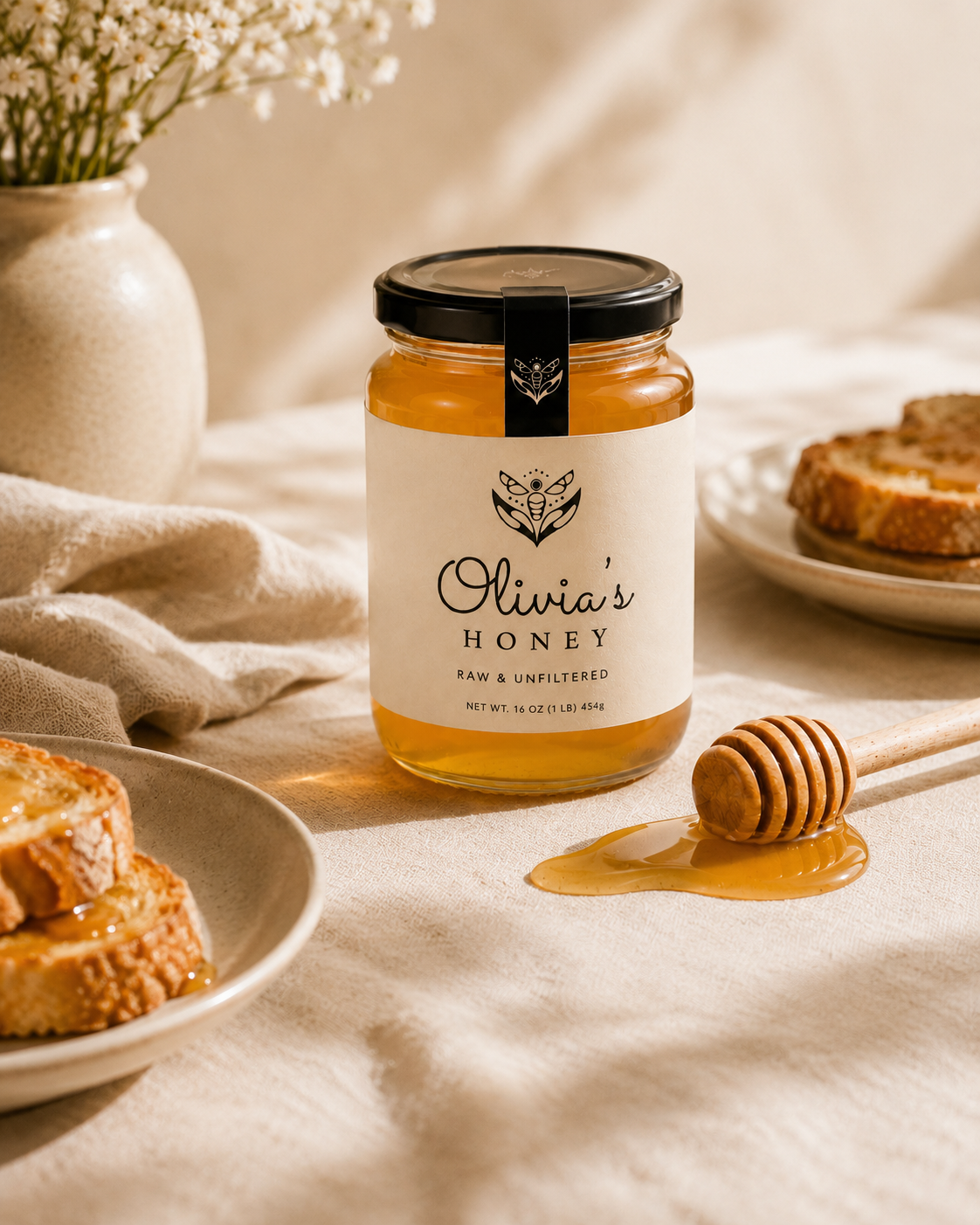 Jar of Olivia's Honey on a table with bread and a honey dipper.