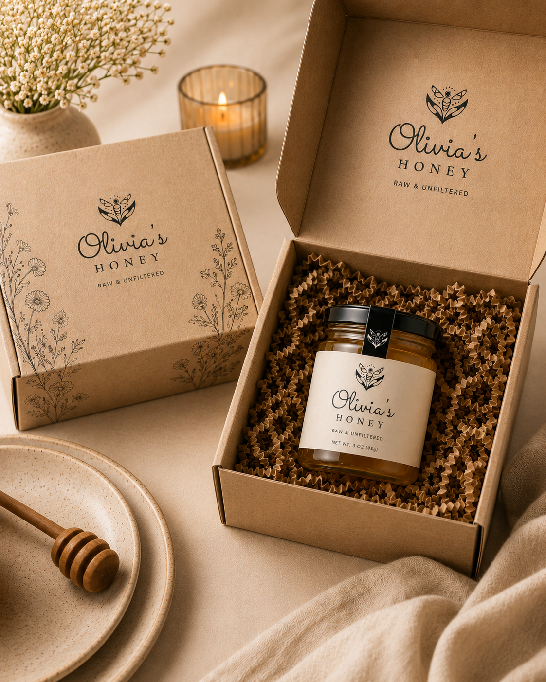 Olivia's Honey packaging on a neutral background with a honey dipper and flowers.