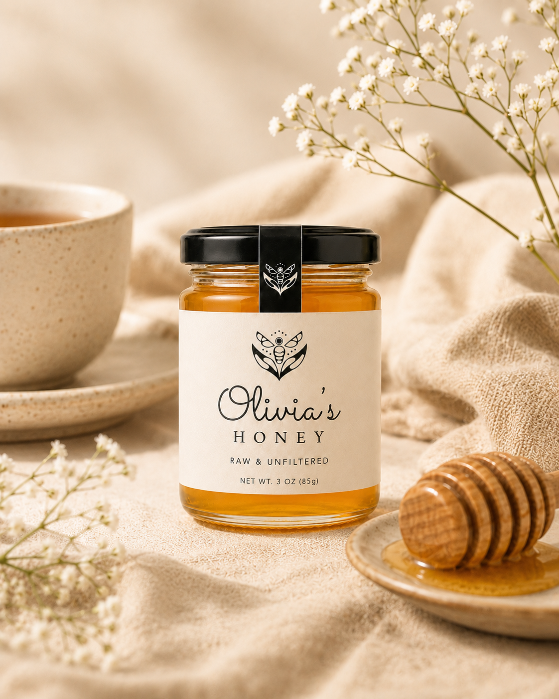 Jar of Olivia's Honey with a honey dipper and cup on a soft beige background