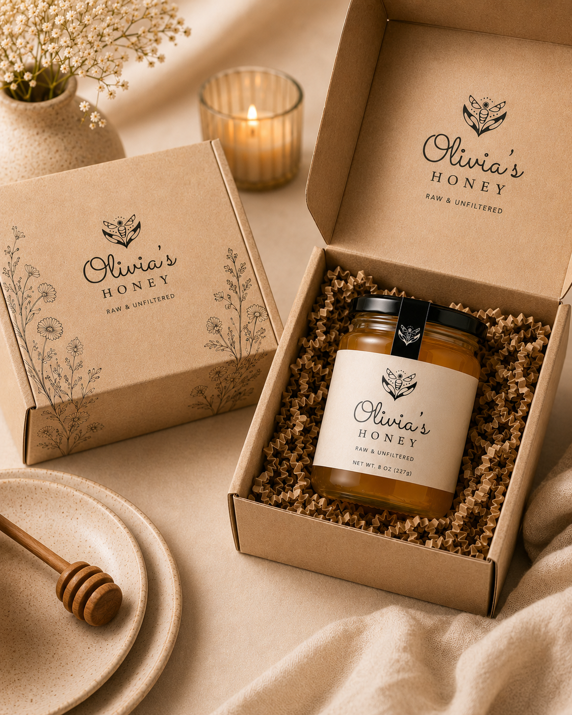 Jar of 'Olivia's Honey' in a branded box with a honey dipper and candle on a neutral background.