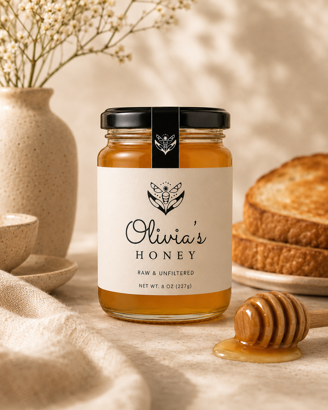 Jar of Olivia's Honey with a honey dipper on a wooden surface.