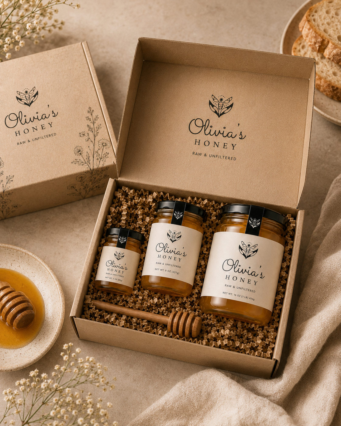 Box of Olivia's Honey with honey jars and a dipper on a neutral background
