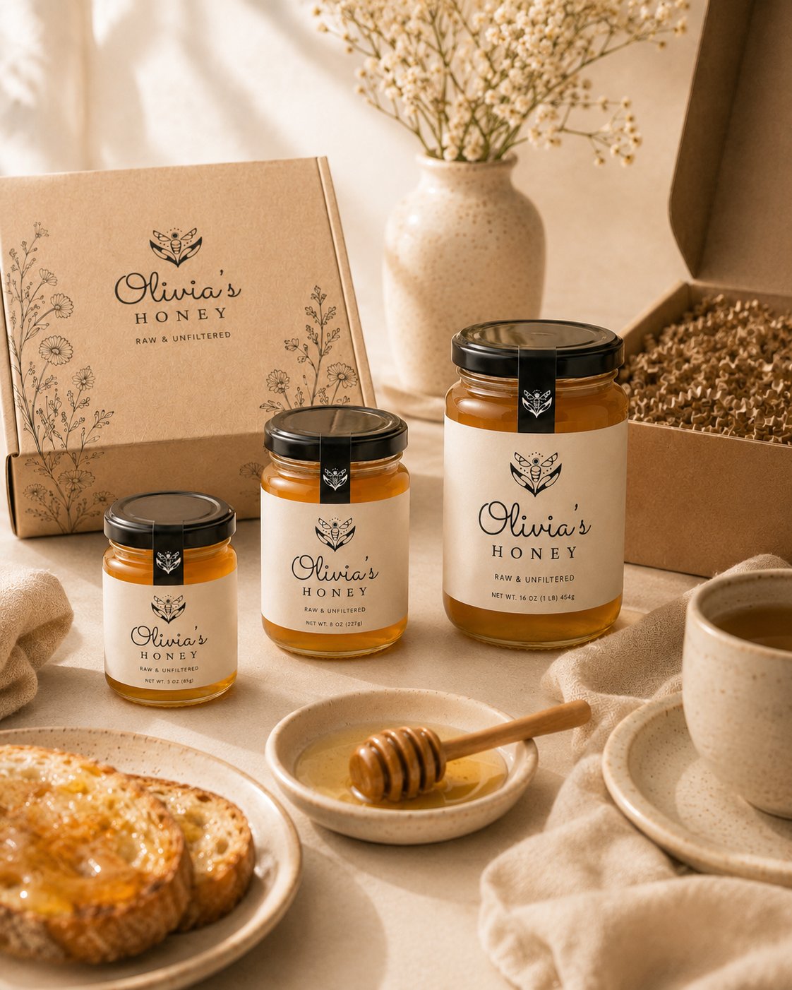 Jars of Olivia's Honey on a table with a cup, plate, and vase in a warm setting.