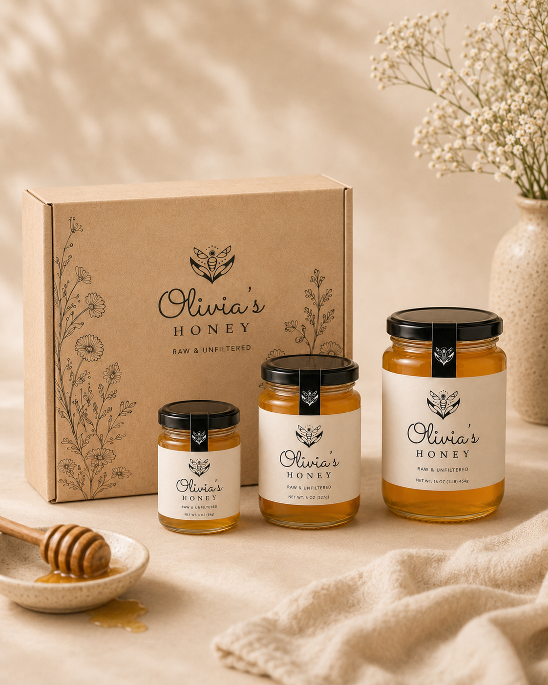Olivia's Honey jars and packaging on a neutral background